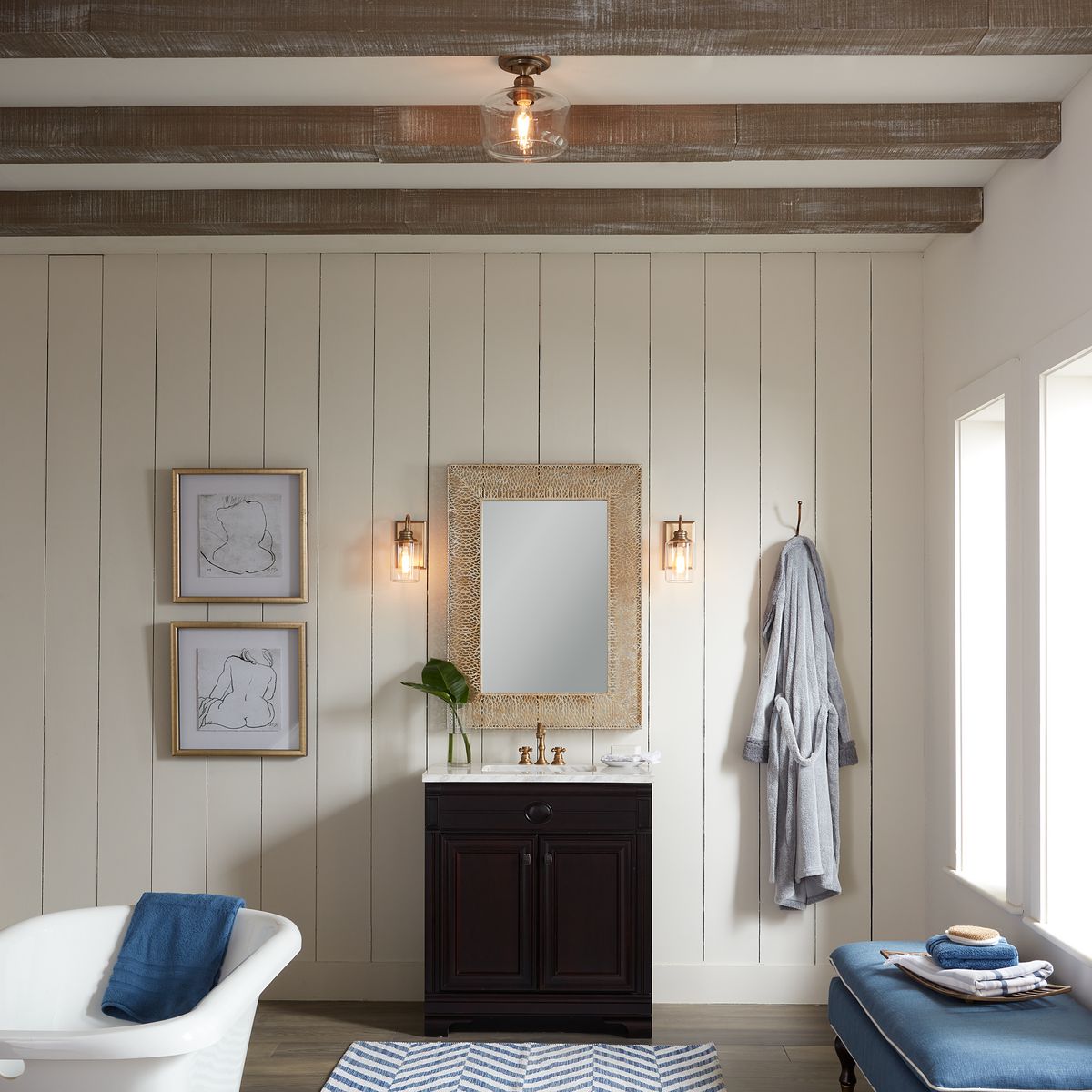 Progress Lighting P350214-163 Aiken 1 Light Vintage Brass Flush Mount Ceiling Light - Lifestyle Bathroom Setting