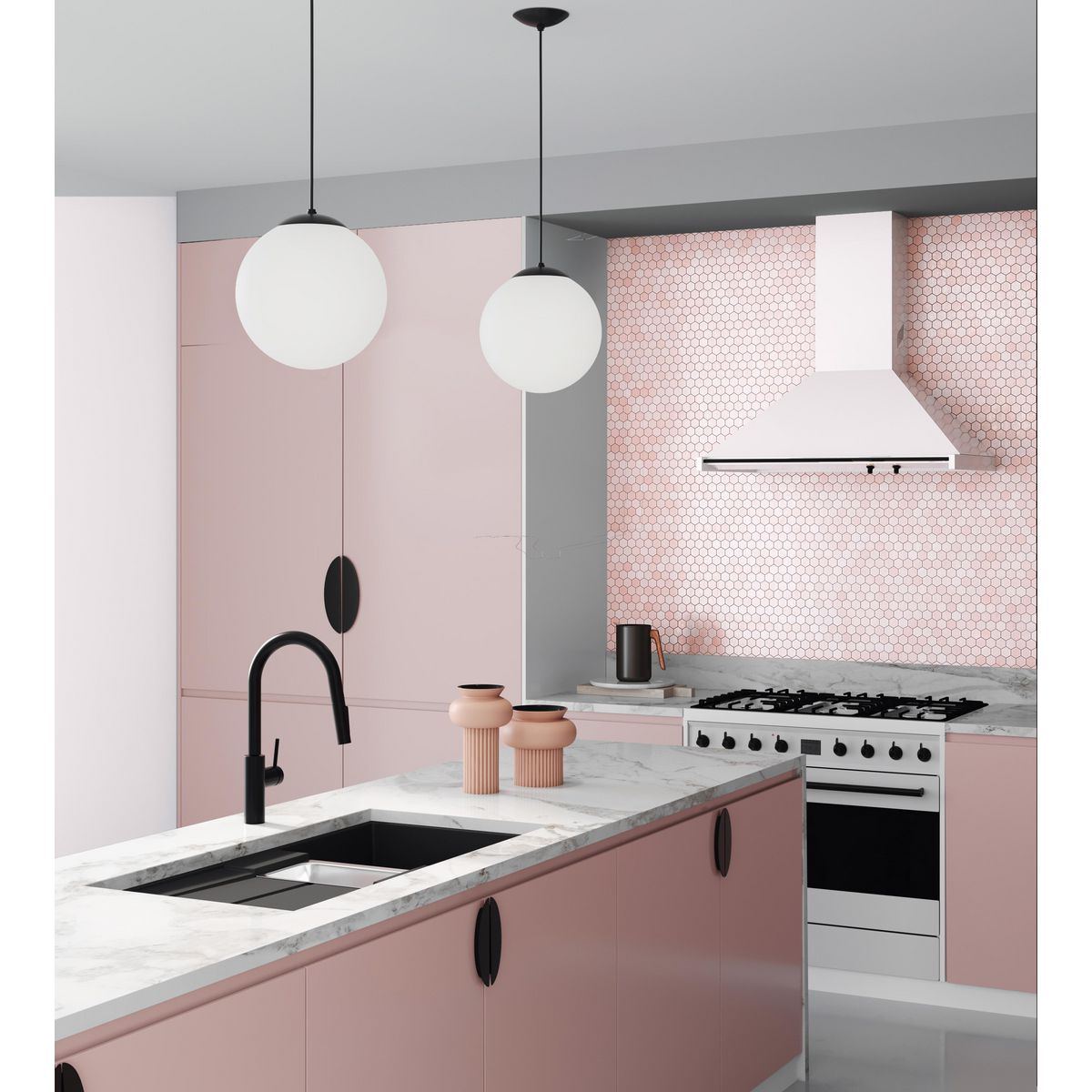 Progress Lighting Atwell Matte Black pendant lights in kitchen setting