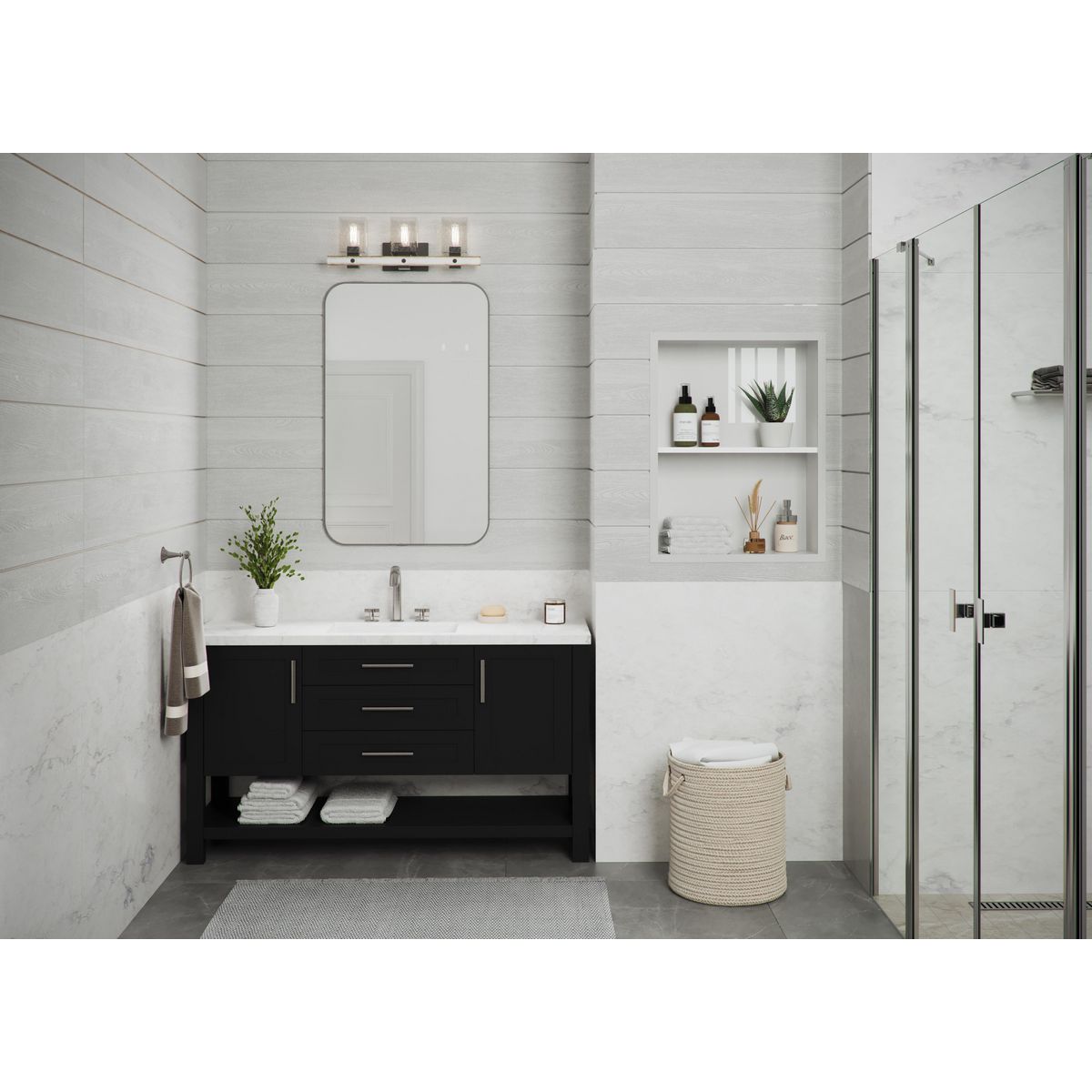 Progress Lighting Gulliver 3 light graphite bath vanity wall light in bathroom setting