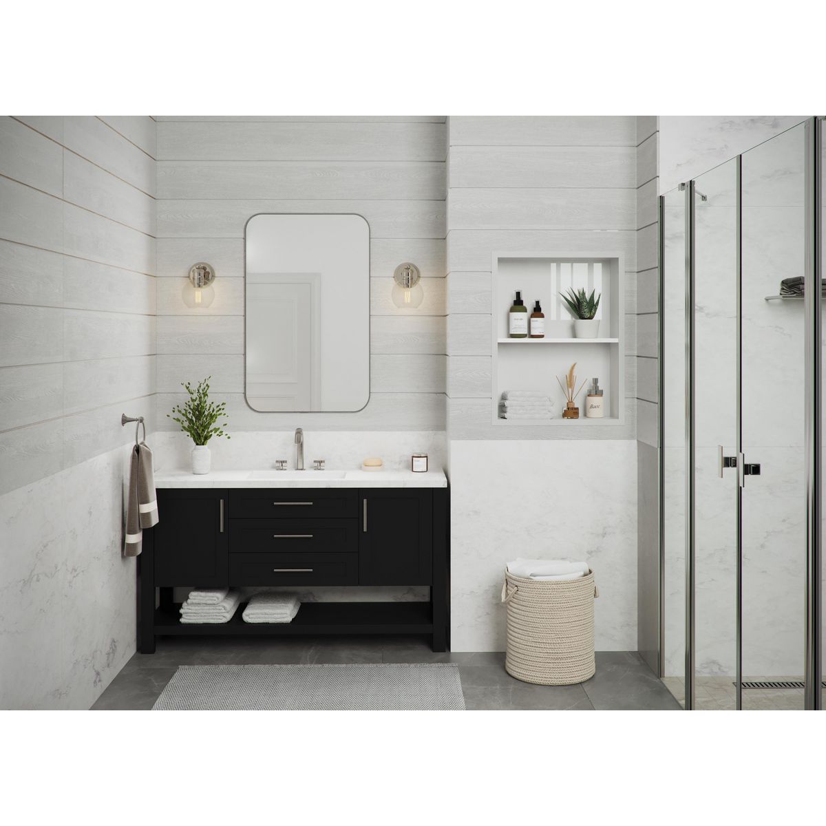 Progress Lighting Hansford bath vanity wall lights installed beside bathroom mirror