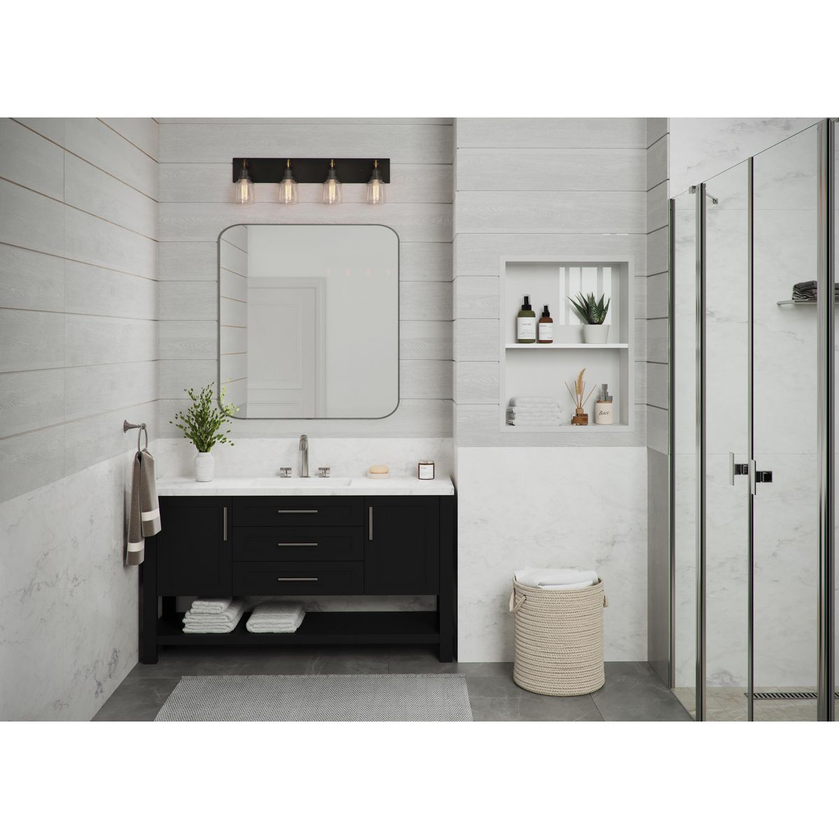 Progress Lighting P300229-143 Rushton 4 light graphite bath vanity wall light in bathroom setting