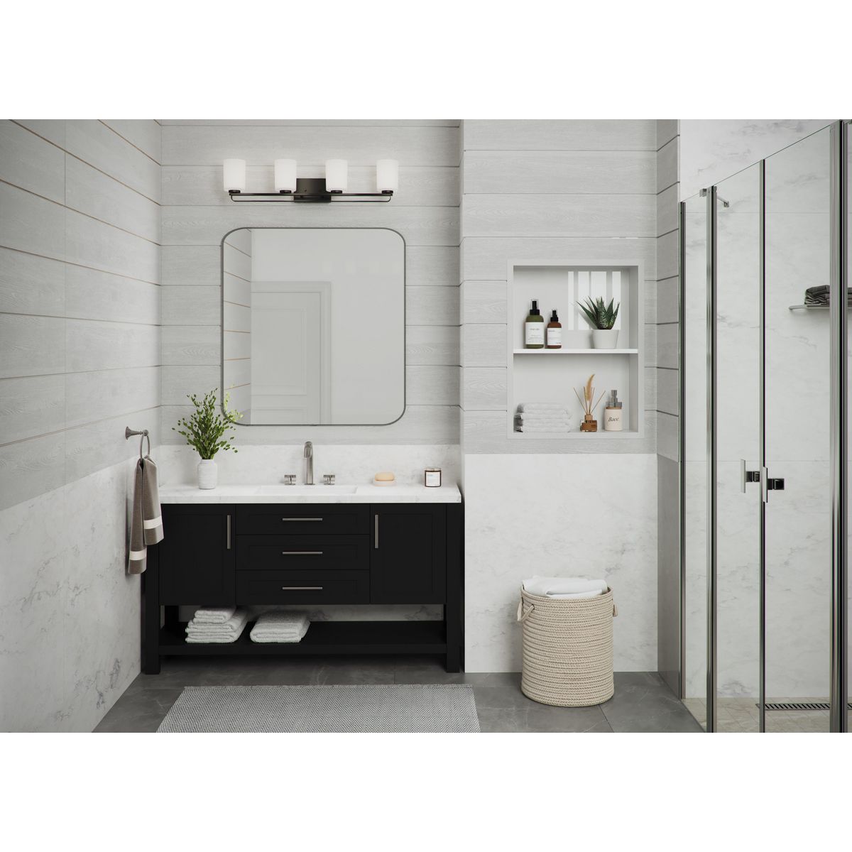 Progress Lighting P300344-31M League 4-Light Matte Black Bath Vanity Wall Light Installed in Modern Bathroom
