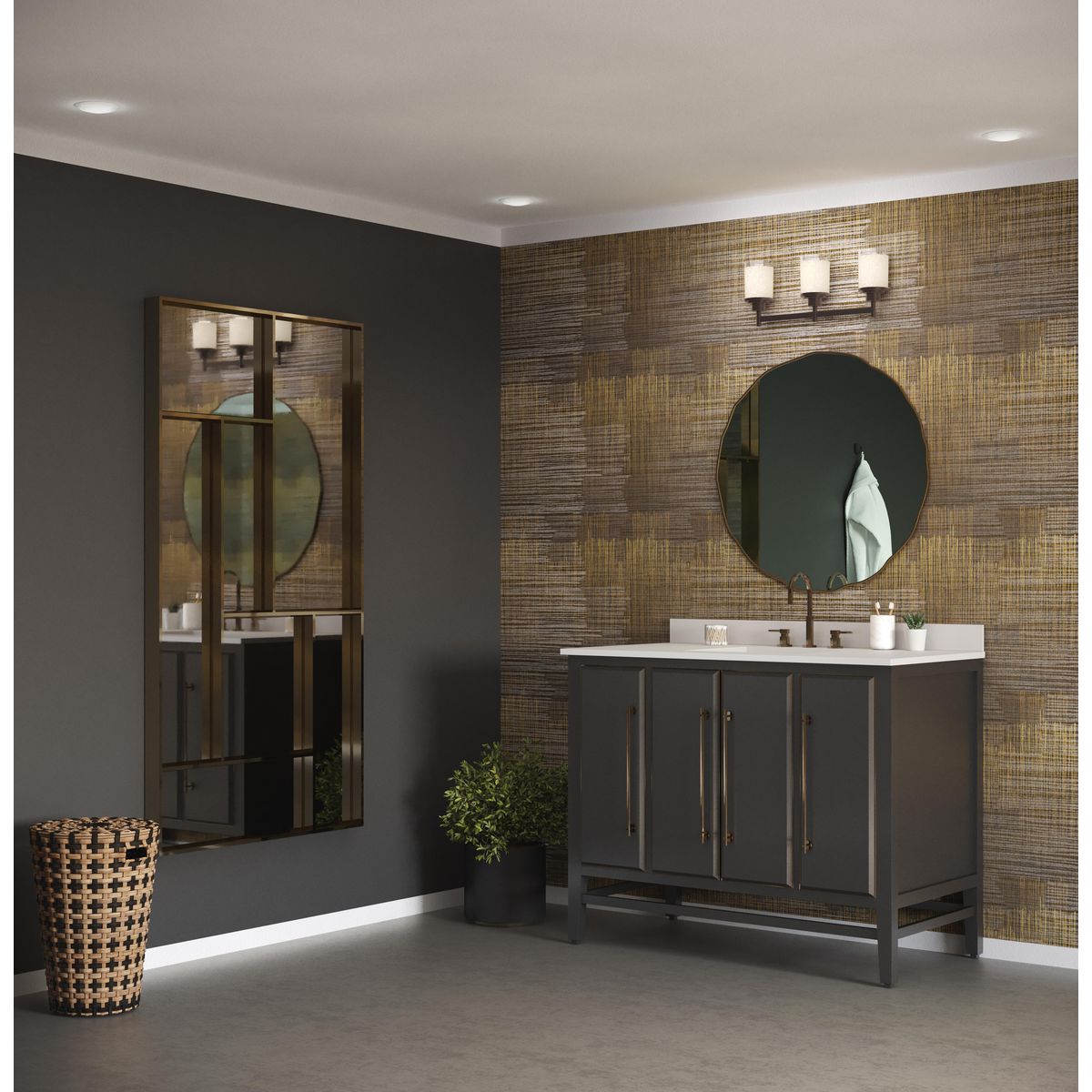 Progress Lighting Alexa 3 light antique bronze bath vanity wall light in bathroom setting