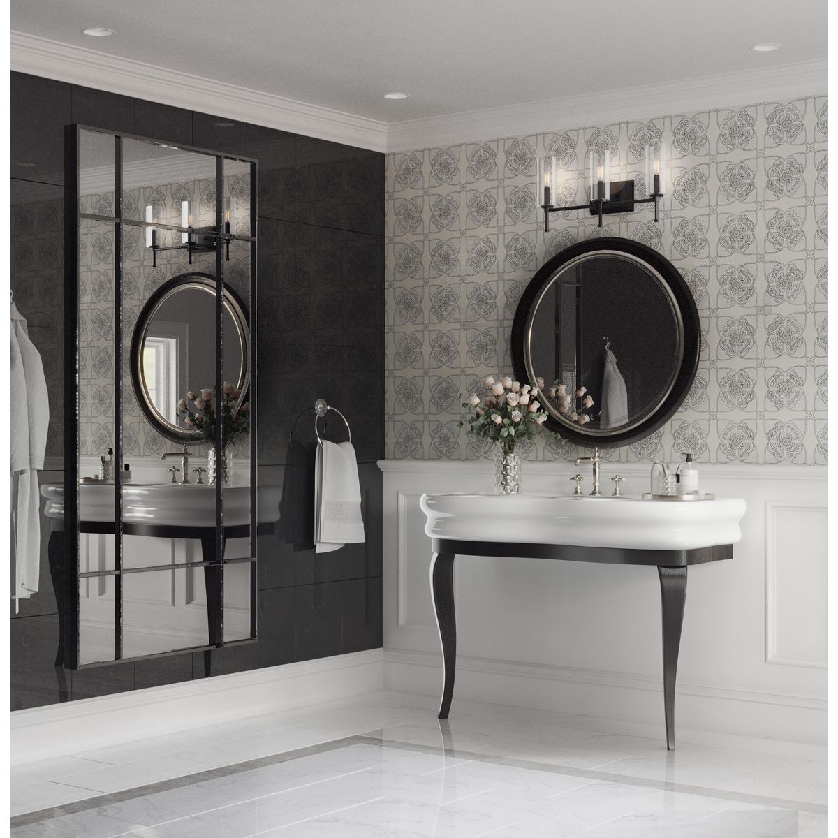 Progress Lighting P300358-31M Elara 3 Light Matte Black Bath Vanity Wall Light Installed in Elegant Bathroom