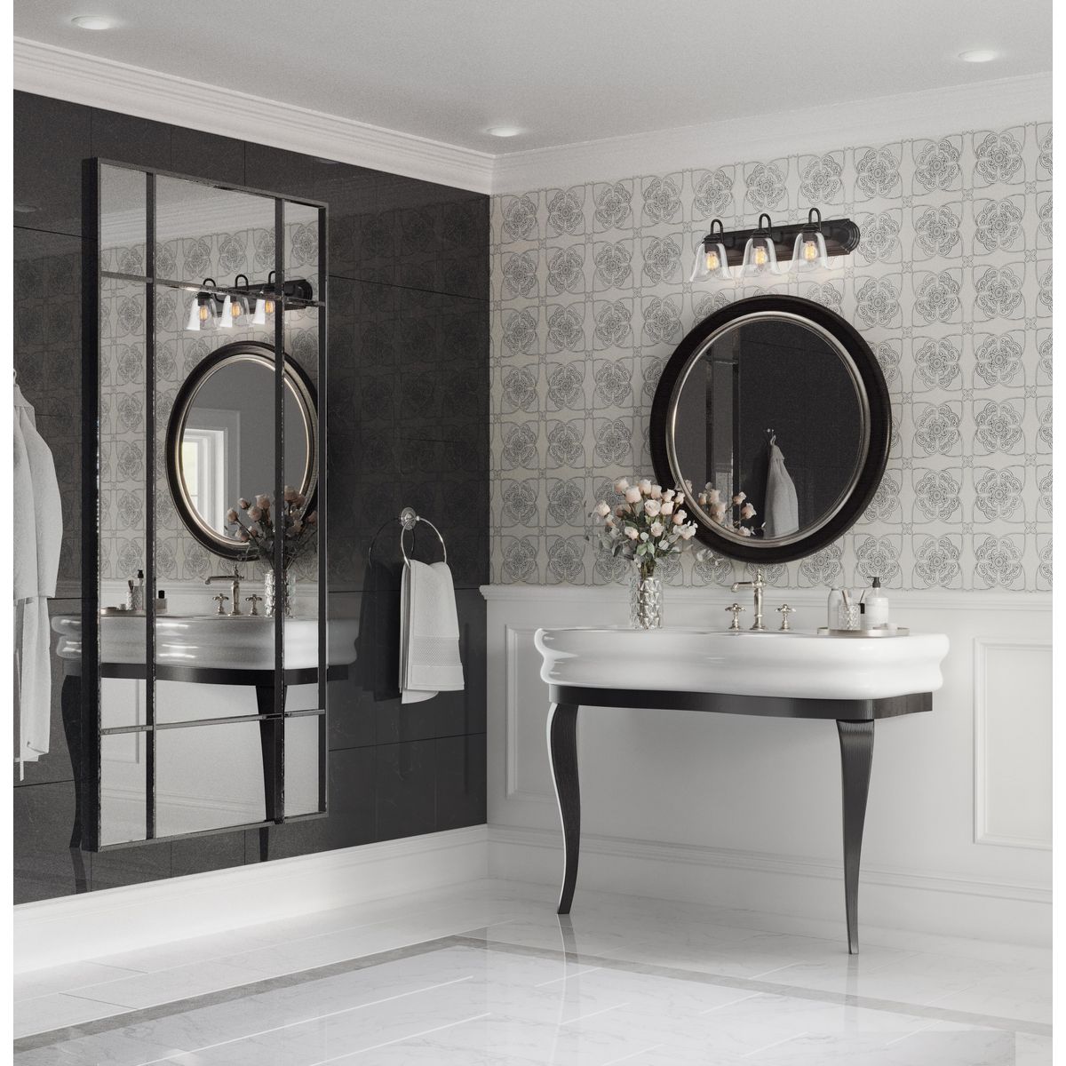 Progress Lighting P300391-31M Clear Glass 3 Light Matte Black Bath Vanity Wall Light in bathroom setting