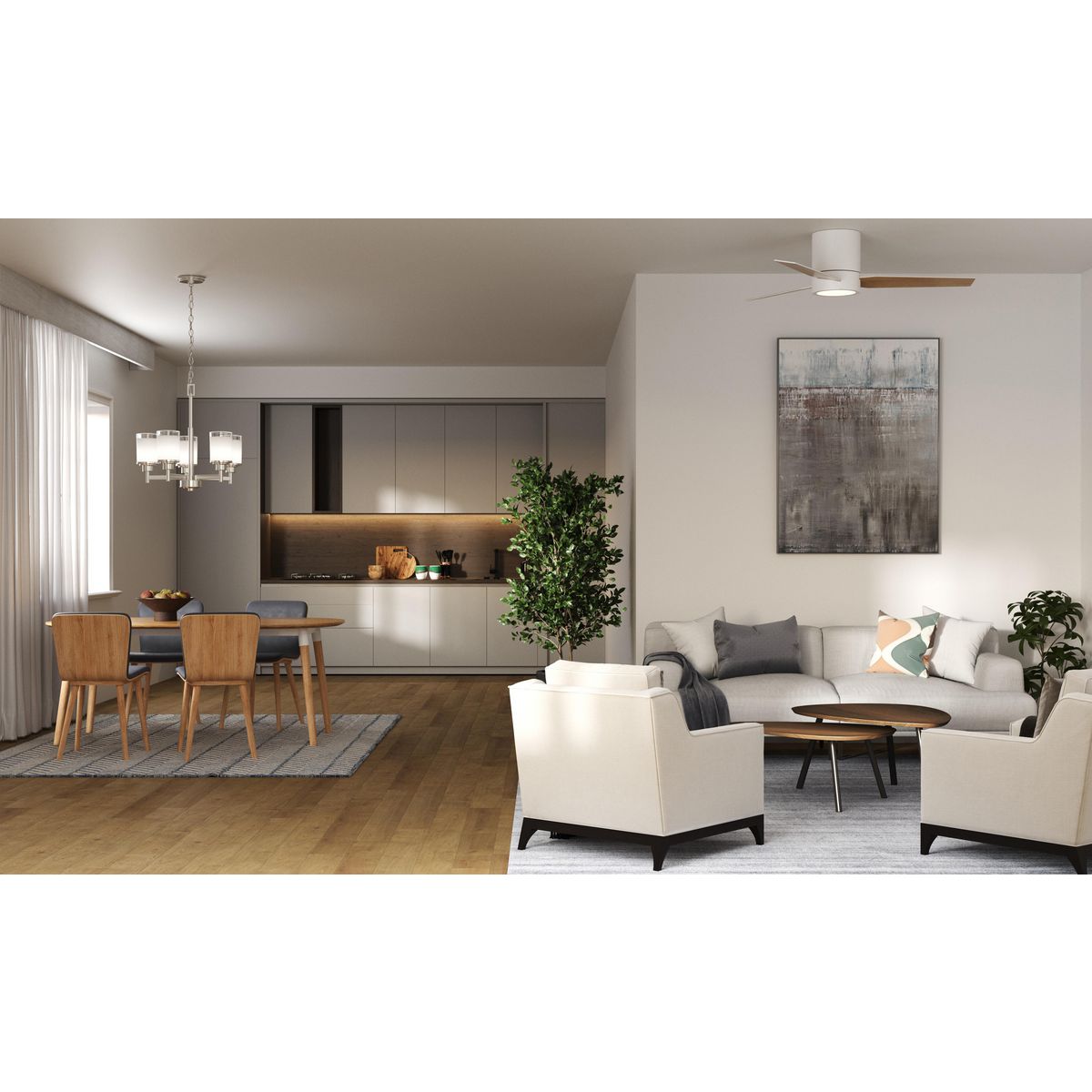 Progress Lighting Braden satin white ceiling fan in living room