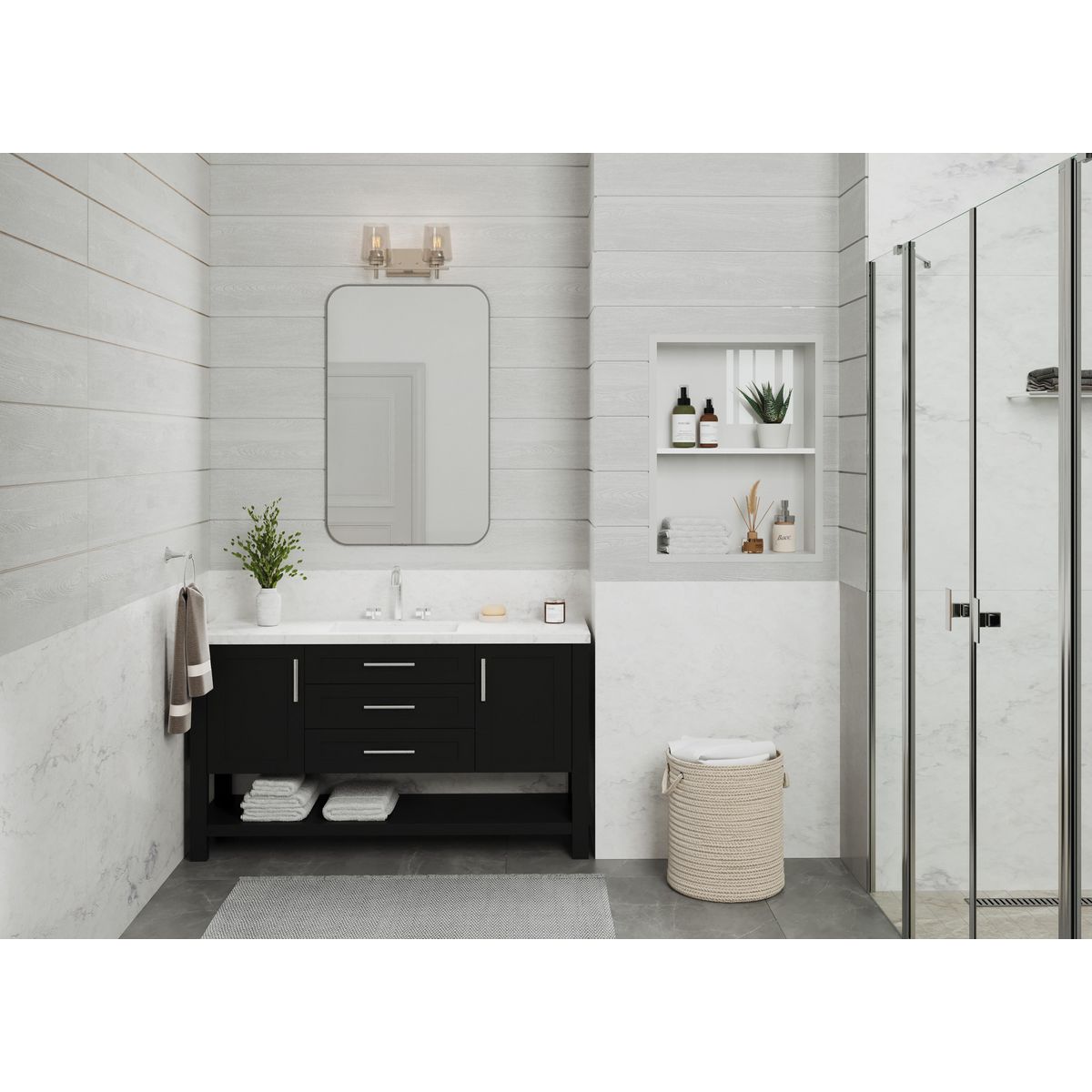 Progress Lighting Calais brushed nickel bath vanity wall light in bathroom setting