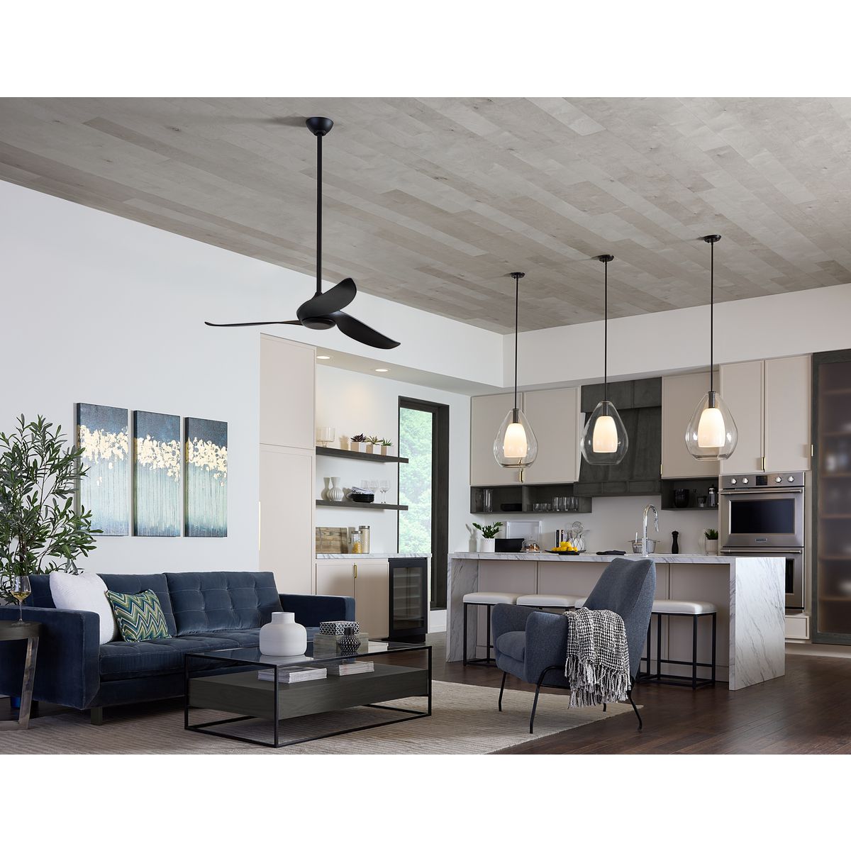 Progress Lighting Conte Matte Black ceiling fan in living room