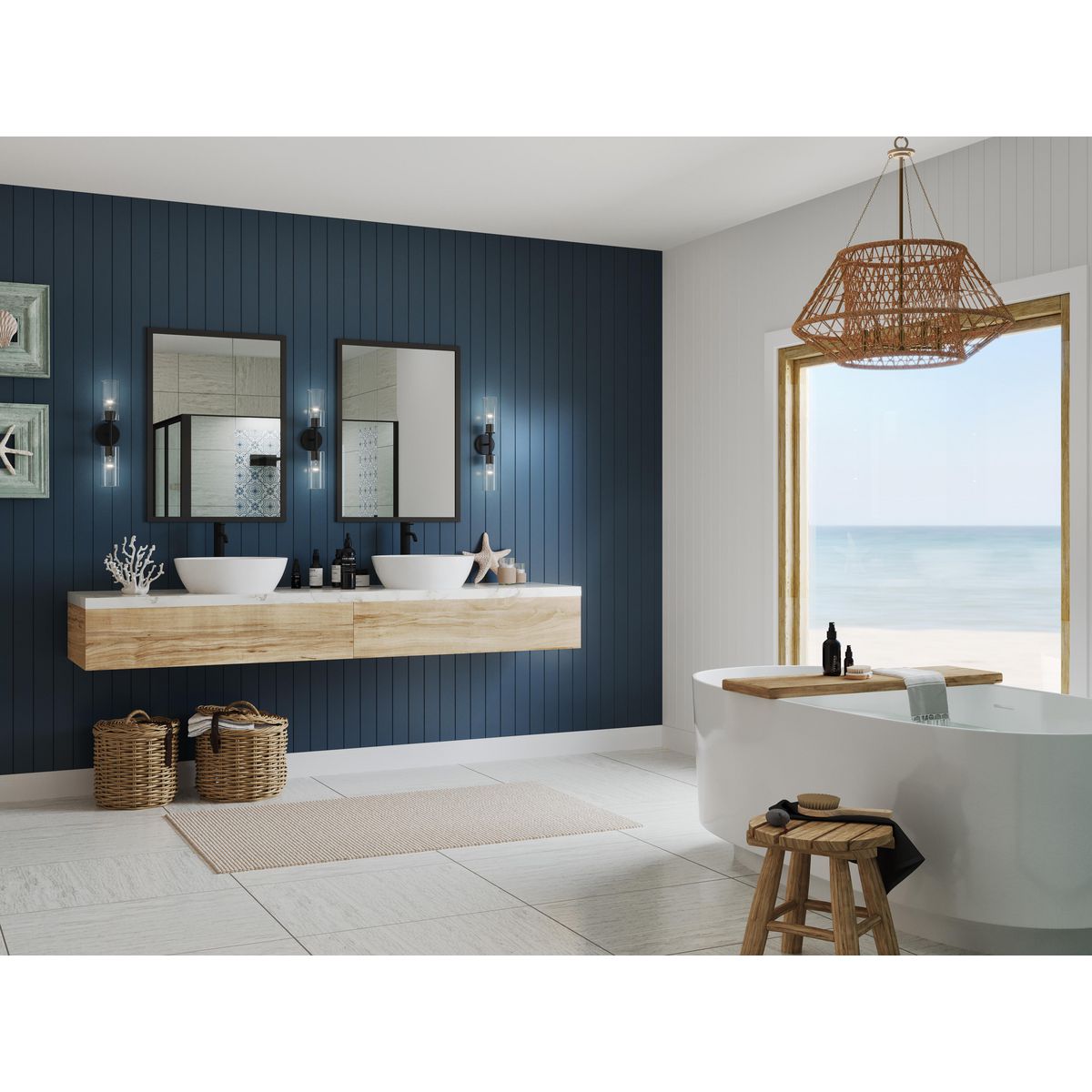 Progress Lighting P710115-31M Cofield 2 Light Matte Black Wall Bracket in a coastal bathroom setting
