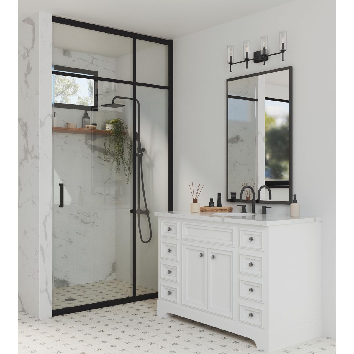 Progress Lighting Elara matte black 4 light bath vanity wall light in bathroom setting