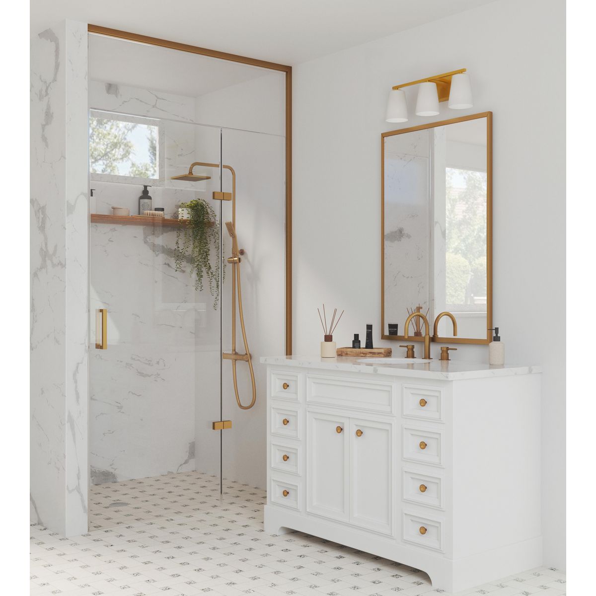 Progress Lighting Vertex brushed gold 3 light bath vanity wall light in bathroom setting