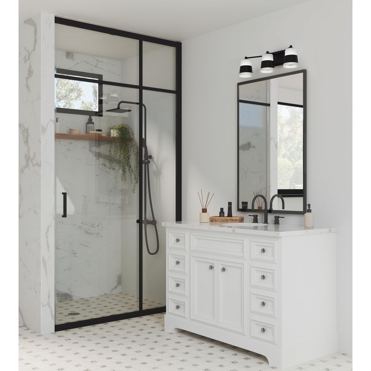 Progress Lighting Haven 3 light matte black bath vanity wall light installed above bathroom mirror