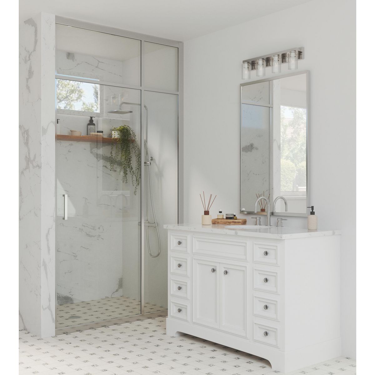 Goodwin 4 light brushed nickel bath vanity wall light in bathroom setting