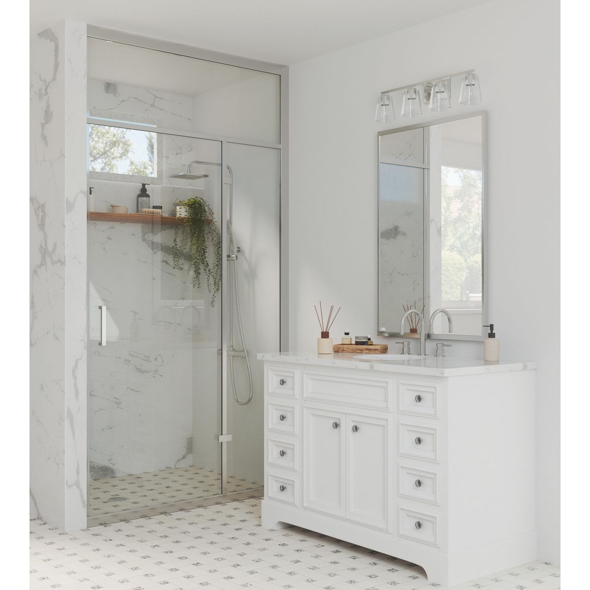 Progress Lighting Vertex 4 light brushed nickel bath vanity wall light in bathroom setting