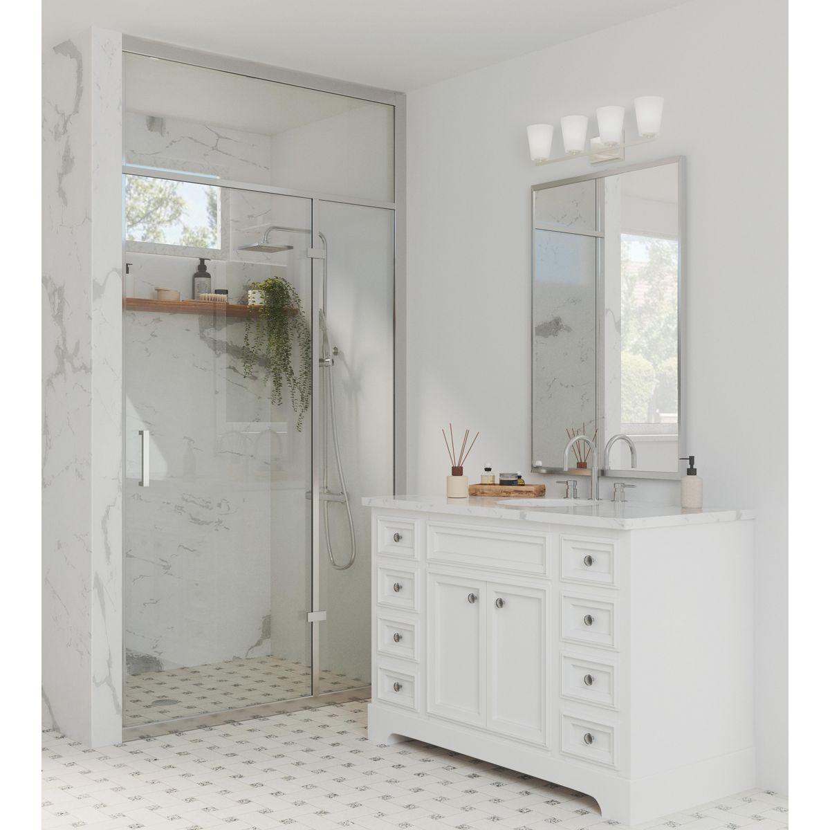 Progress Lighting P300468-009 Adley 4 light brushed nickel bath vanity wall light in bathroom setting