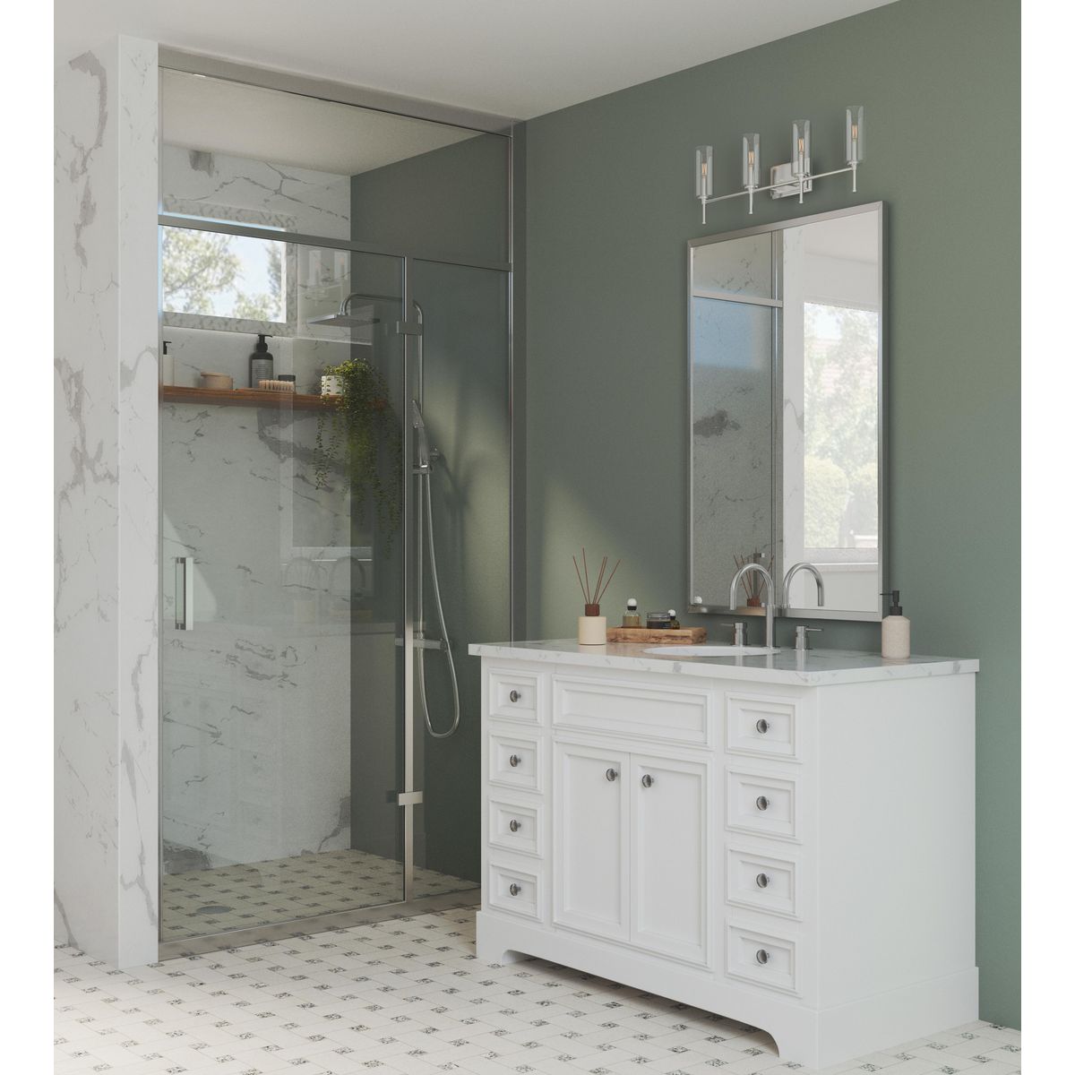 Progress Lighting Elara 4 light brushed nickel bath vanity wall light in bathroom setting