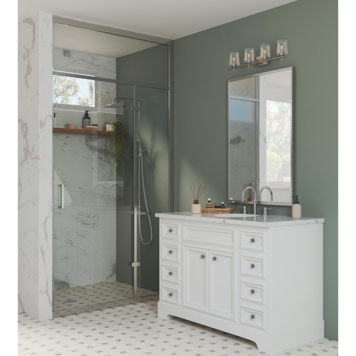 Progress Lighting Calais 4 light brushed nickel bath vanity wall light in bathroom setting