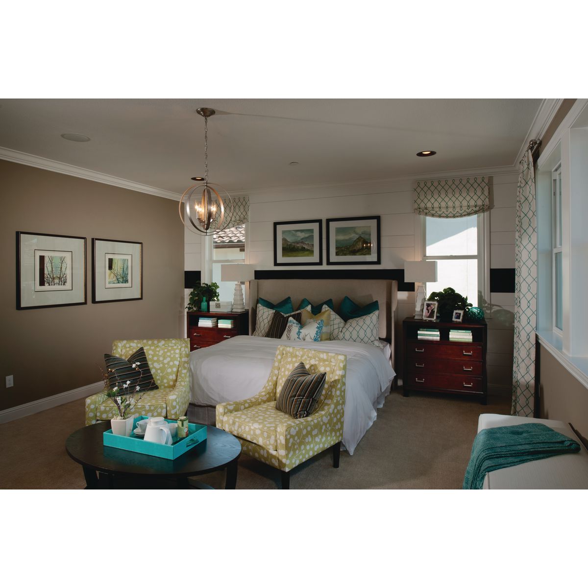 Progress Lighting Equinox 4 light sphere pendant installed in bedroom