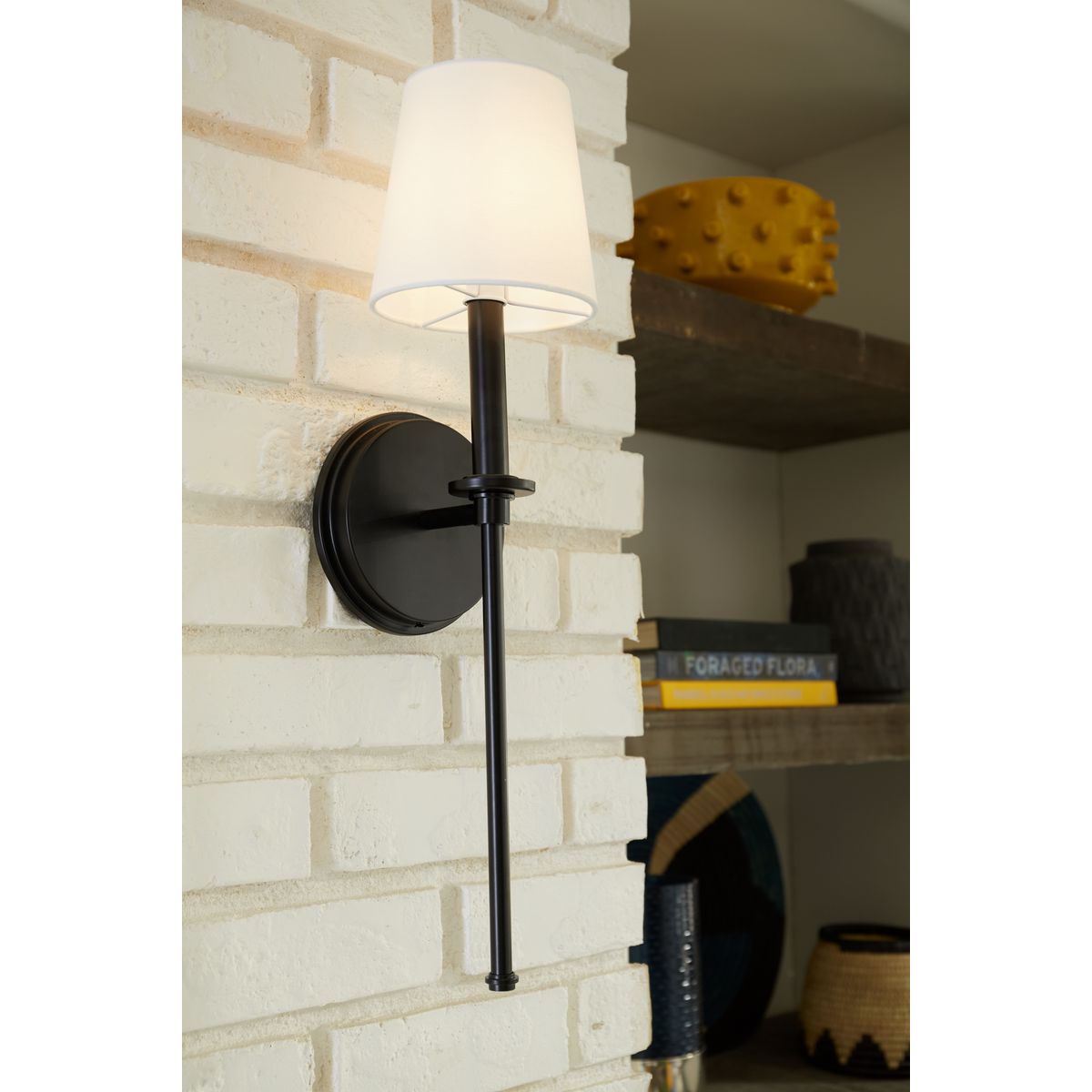 Progress Lighting Elara wall light with white linen shade accessory installed