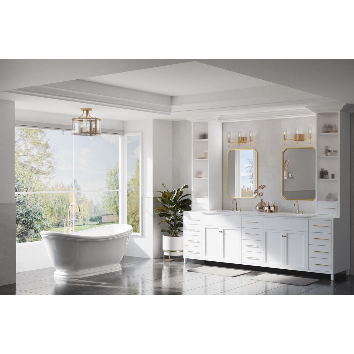 Progress Lighting P300358-163 Elara 3-Light Vintage Brass Bath Vanity Wall Light Shown in a Luxury Bathroom Setting