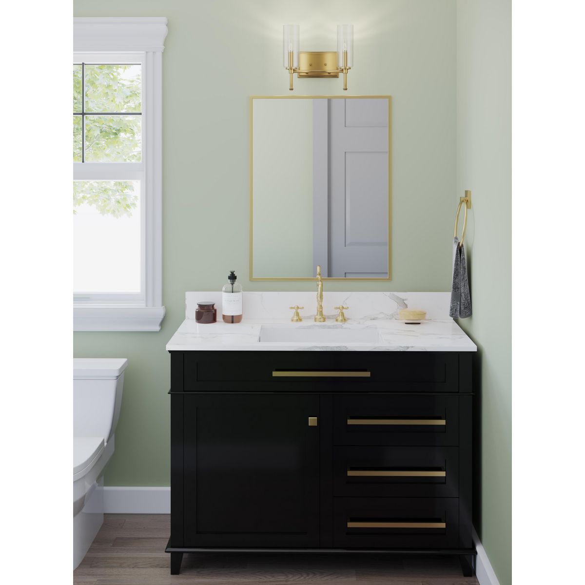 Progress Lighting Elara 2 light vintage brass bath vanity wall light in bathroom setting