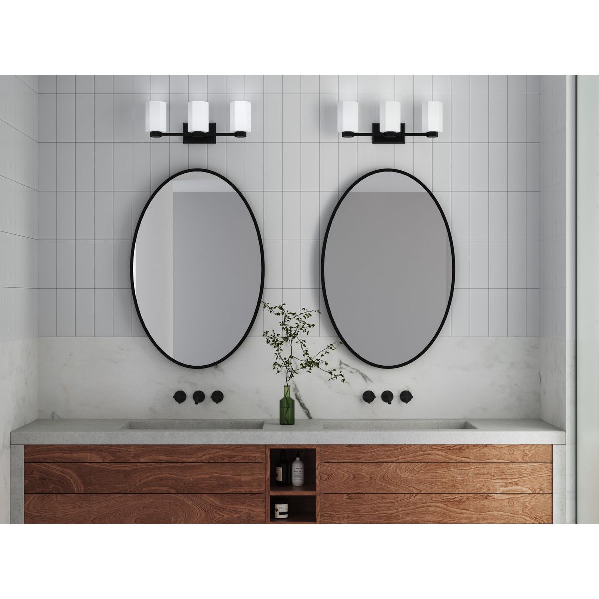 Progress Lighting Estrada 3 light matte black bath vanity wall light in bathroom setting