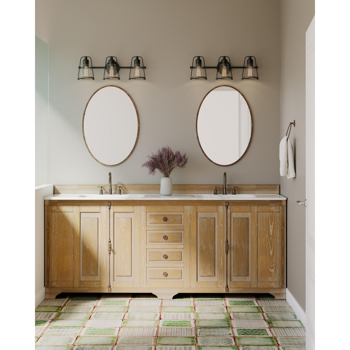 Progress Lighting Conway 3 light bath vanity wall light installed above bathroom mirrors