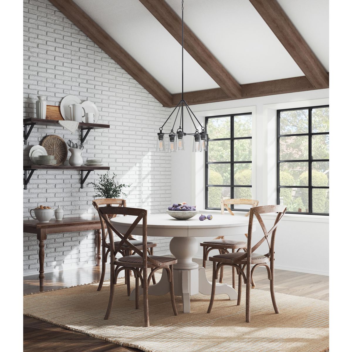 Progress Lighting P400243-031 Stockbrace 5 Light Matte Black Chandelier installed in a farmhouse dining room - Lifestyle View