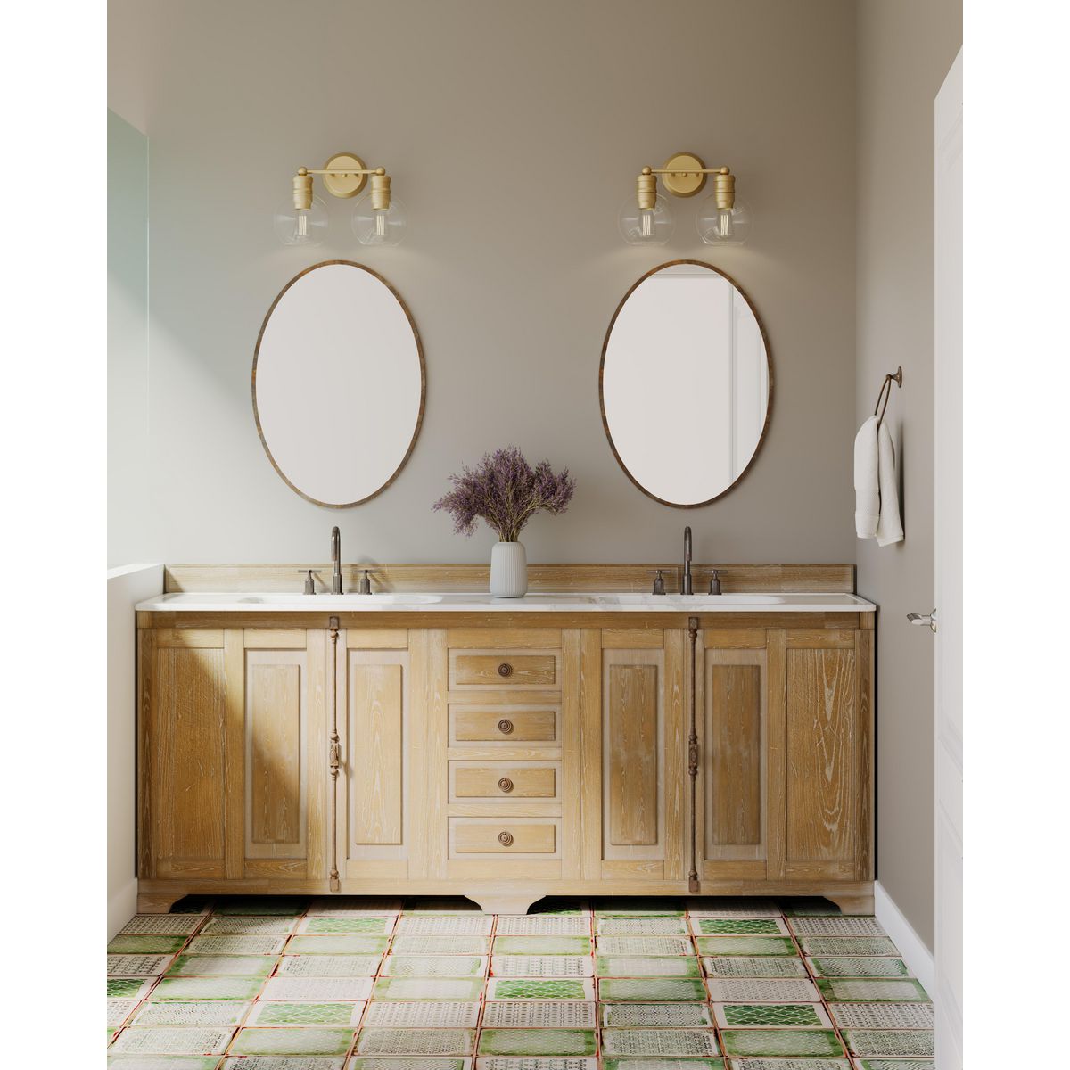 Hansford 2 light vintage brass bath vanity wall light in bathroom