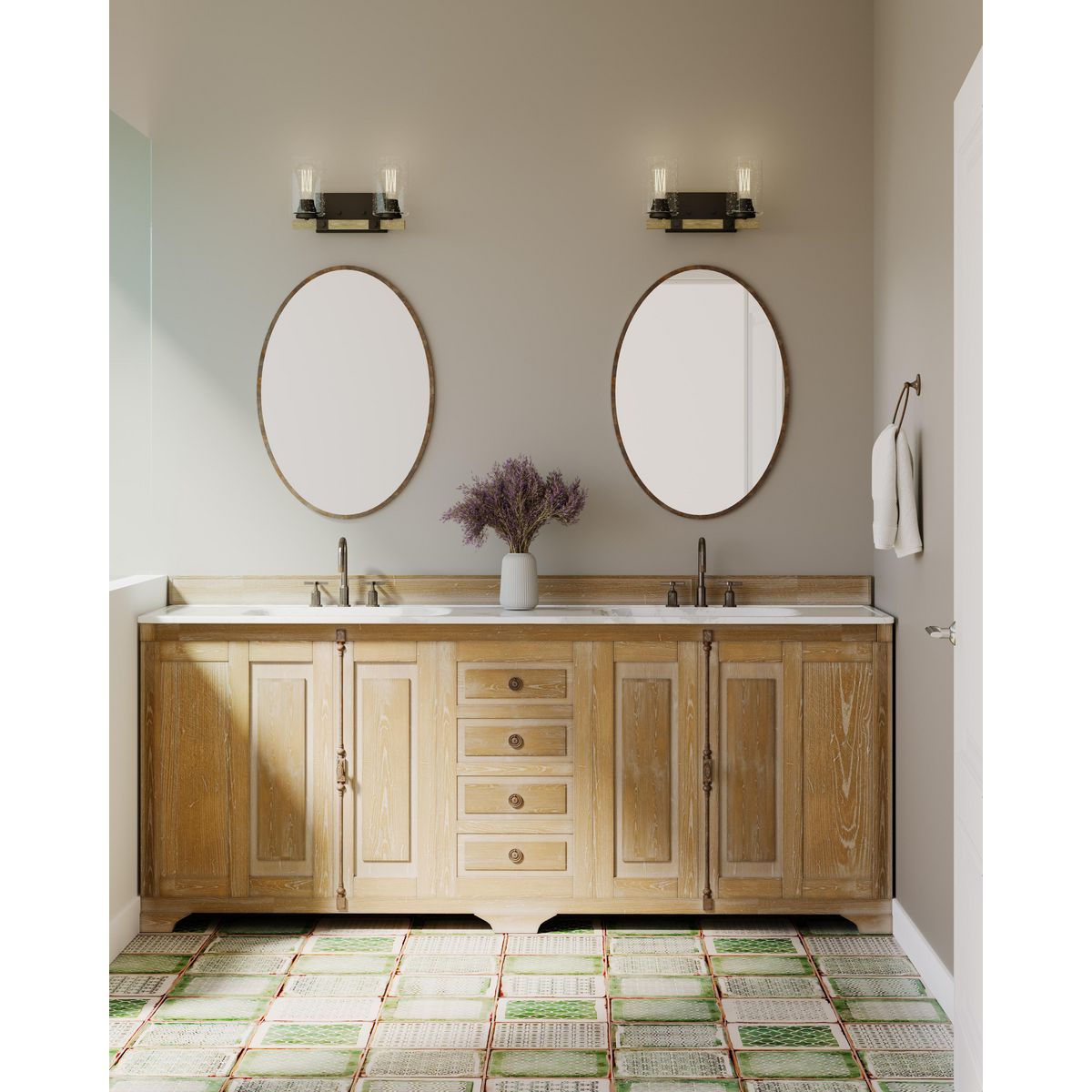 Barnes Mill 2 light antique bronze bath vanity wall light in bathroom setting