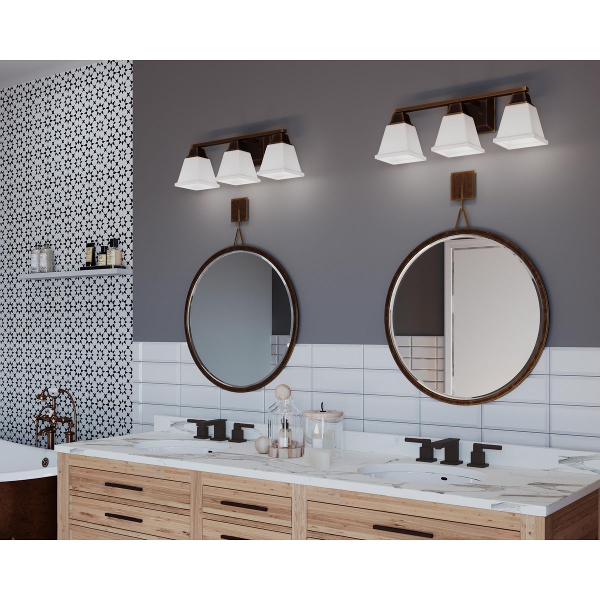 Progress Lighting P300160-020 Clifton Heights 3 Light Antique Bronze Bath Vanity Wall Light installed in a modern farmhouse bathroom