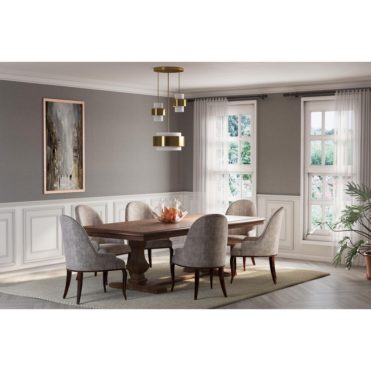 Progress Lighting P8403-109 brushed bronze round canopy kit installed over dining pendants
