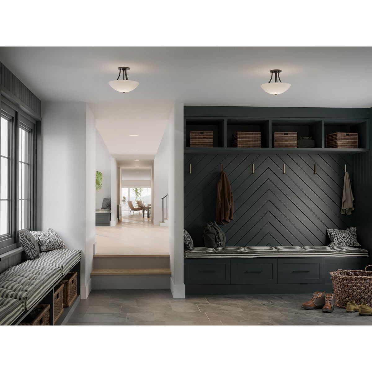 Progress Lighting P3748-20 Gather Antique Bronze Semi-Flush Convertible Ceiling Light shown in a mud room lifestyle setting