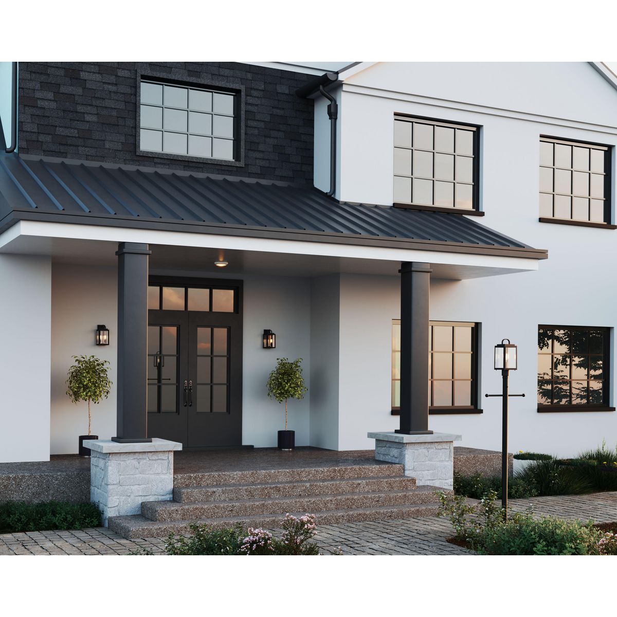 Progress Lighting P5392-31PC matte black outdoor post shown in front of home