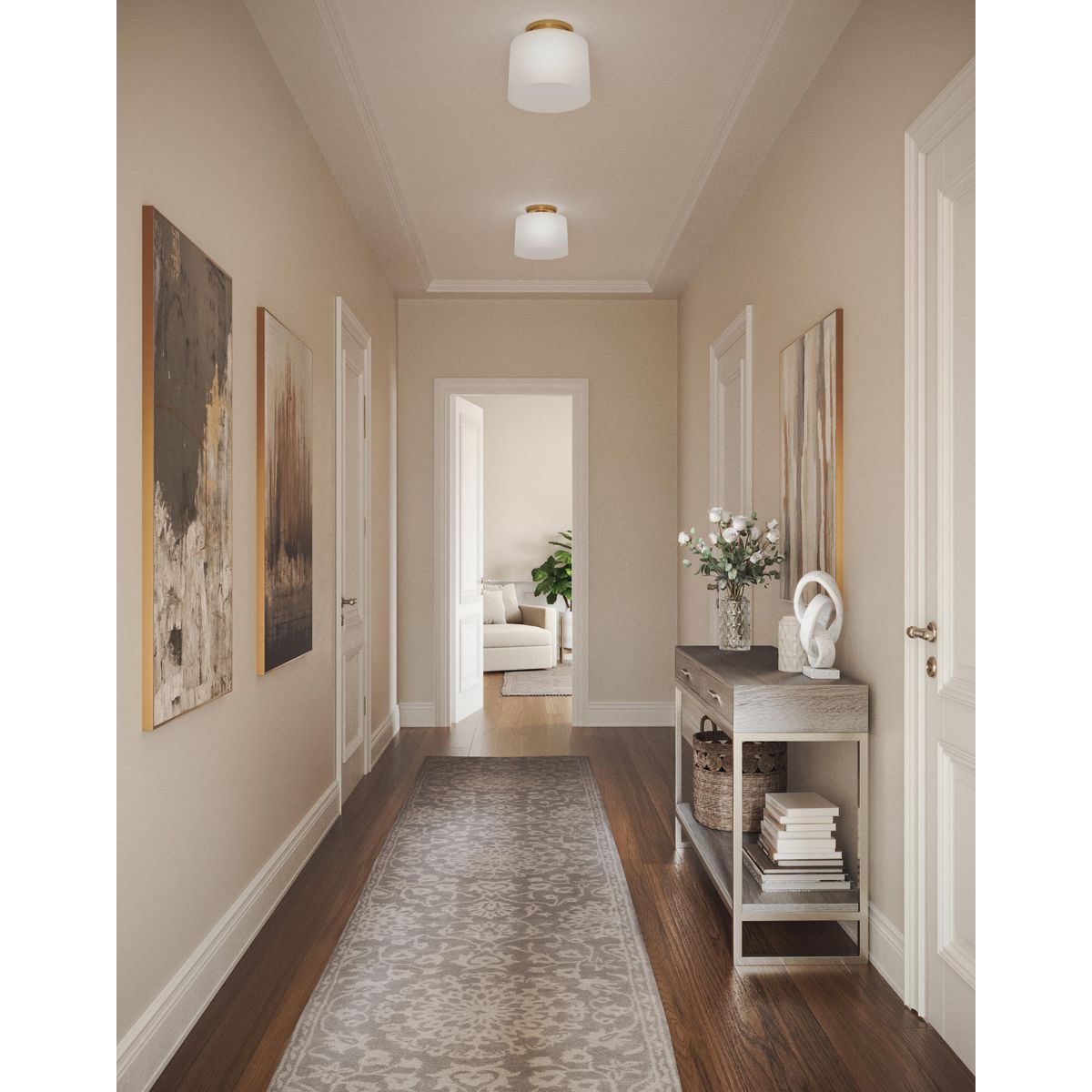 Progress Lighting Adley satin brass flush mount ceiling light in hallway