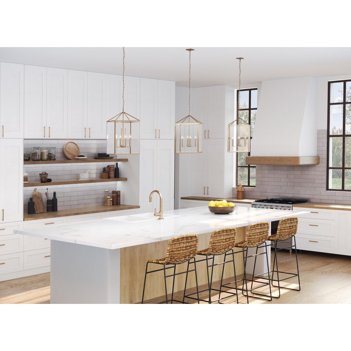 Progress Lighting Hillcrest vintage brass hall and foyer pendants shown in a kitchen