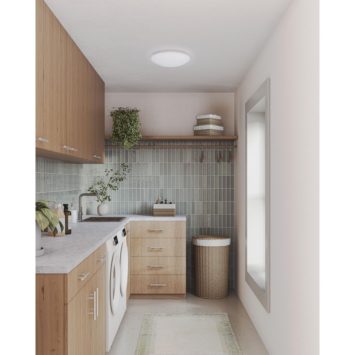 Progress Lighting P350279-030-CS Cloud LED White Flush Mount Ceiling Light Shown in Laundry Room Setting