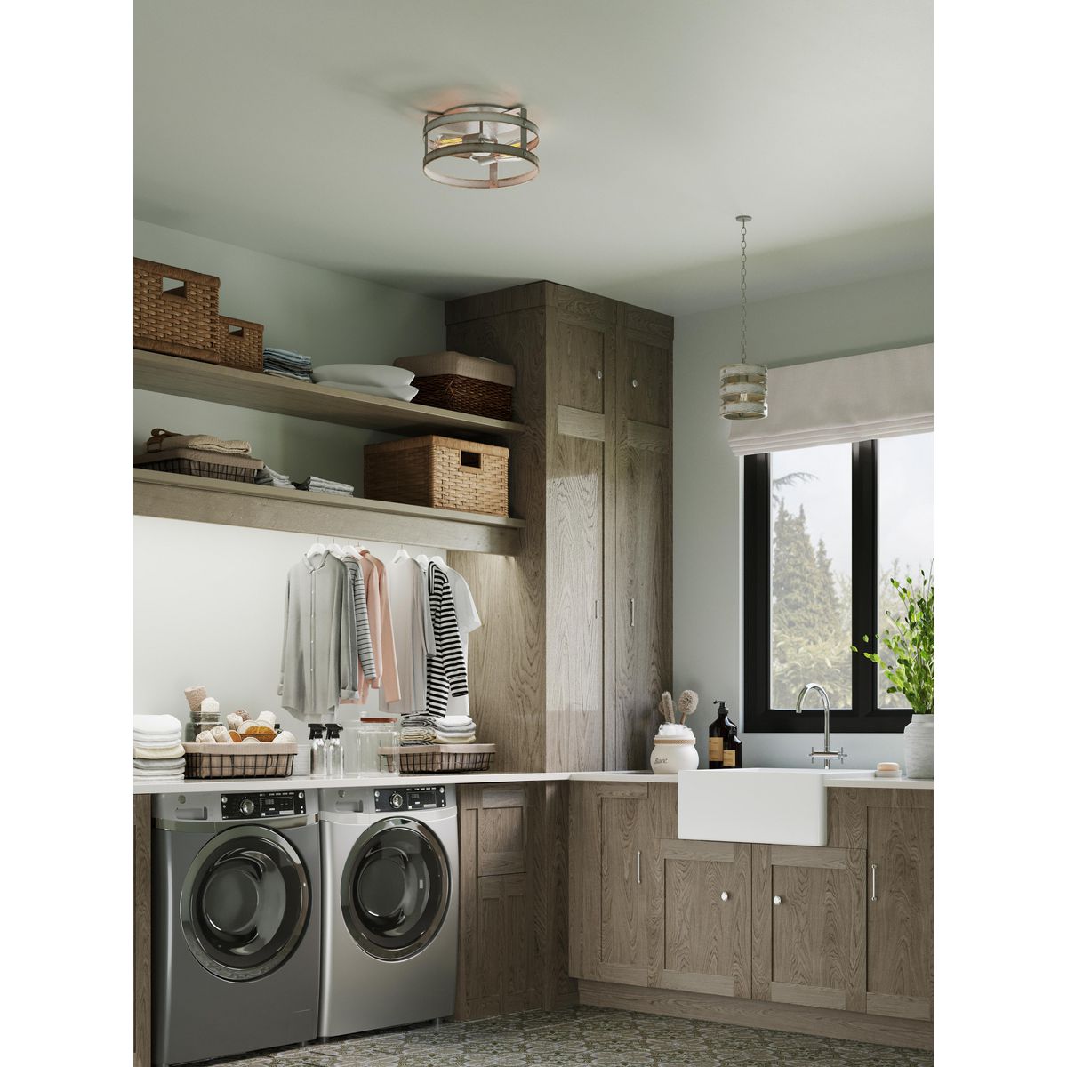 Progress Lighting Gulliver galvanized flush mount ceiling light in laundry room