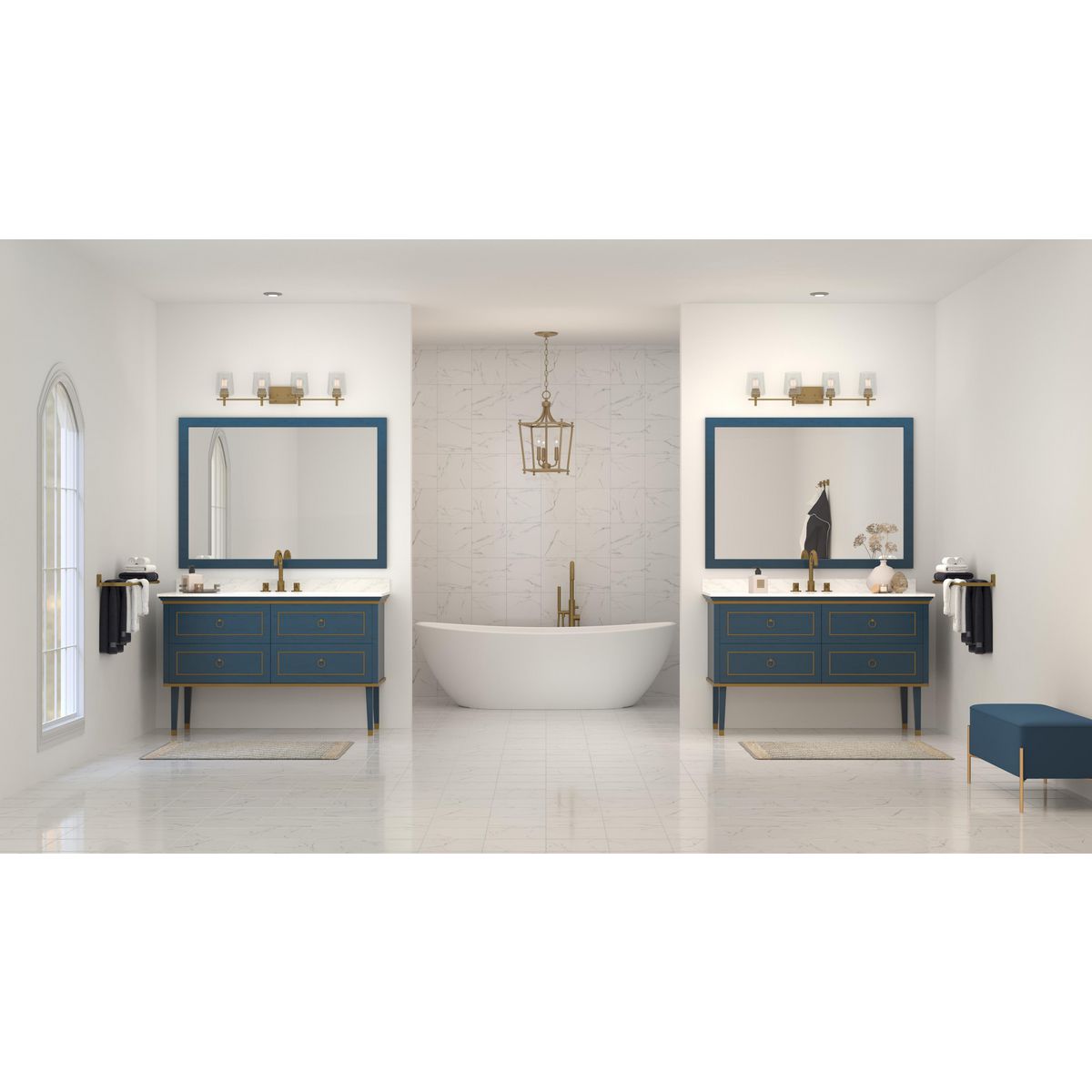 Progress Lighting Calais 4 light vintage brass bath vanity wall light in bathroom setting