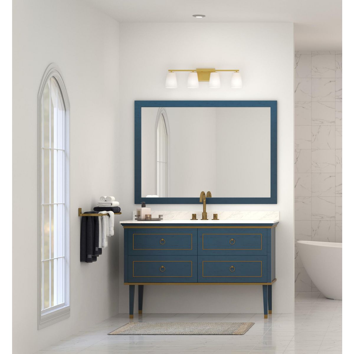 Progress Lighting P300464-191 Vertex 4 light brushed gold bath vanity wall light in bathroom setting