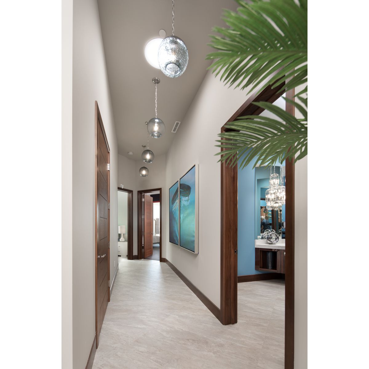 Progress Lighting Malbec brushed nickel pendant installed in hallway