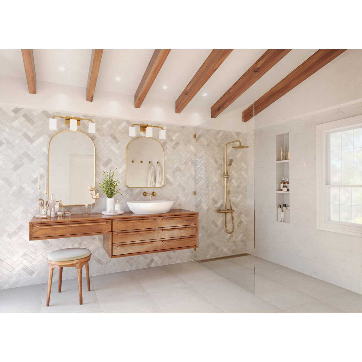 Progress Lighting Cowan satin brass bath vanity wall light in bathroom setting