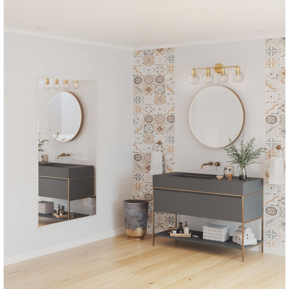 Progress Lighting Hansford 4 light vintage brass bath vanity wall light installed above bathroom mirror
