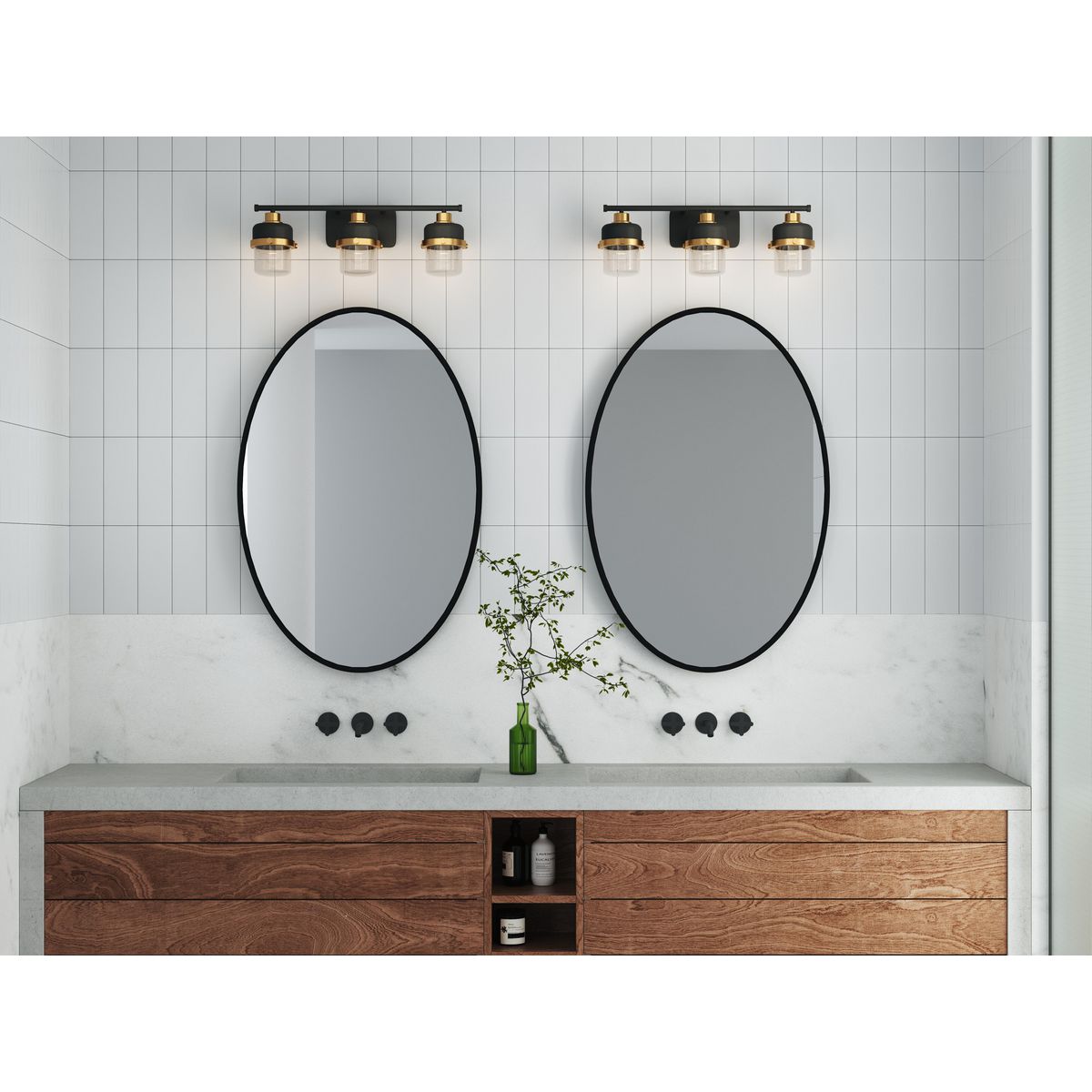 Progress Lighting Beckner 3 light matte black bath vanity wall light in bathroom setting