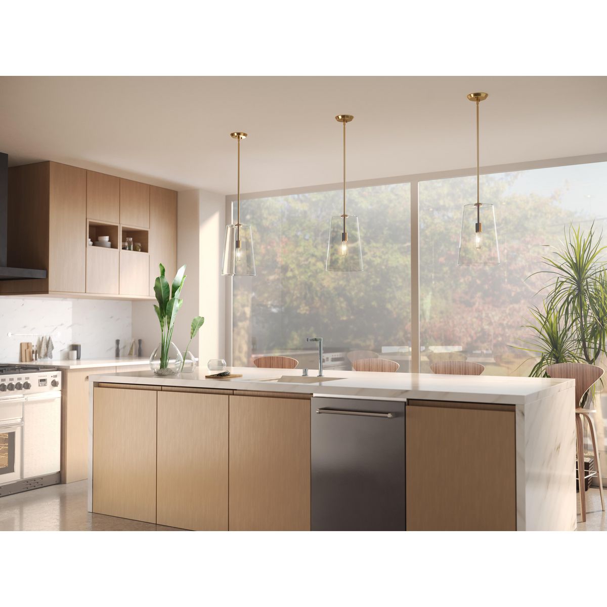 Progress Lighting P500242-012 Clarion Satin Brass Pendant Ceiling Light in Modern Kitchen Lifestyle Setting