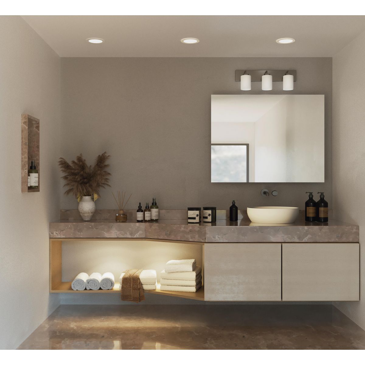 Progress Lighting Merry 3 light brushed nickel bath vanity wall light in bathroom setting