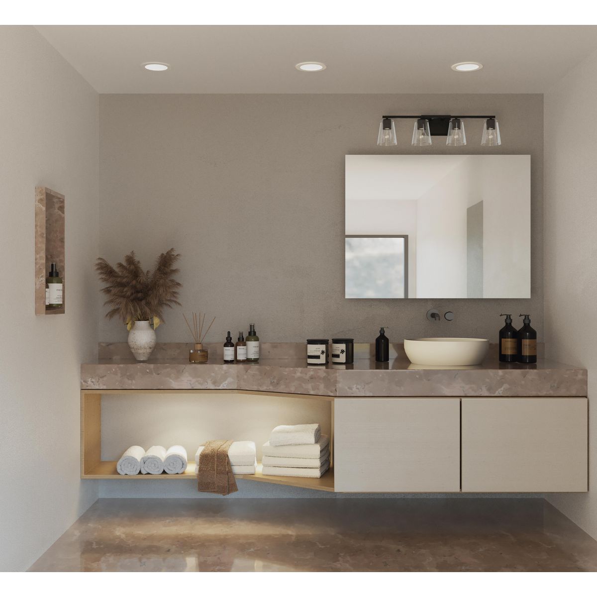 Progress Lighting Vertex 4 light matte black bath vanity wall light in bathroom setting
