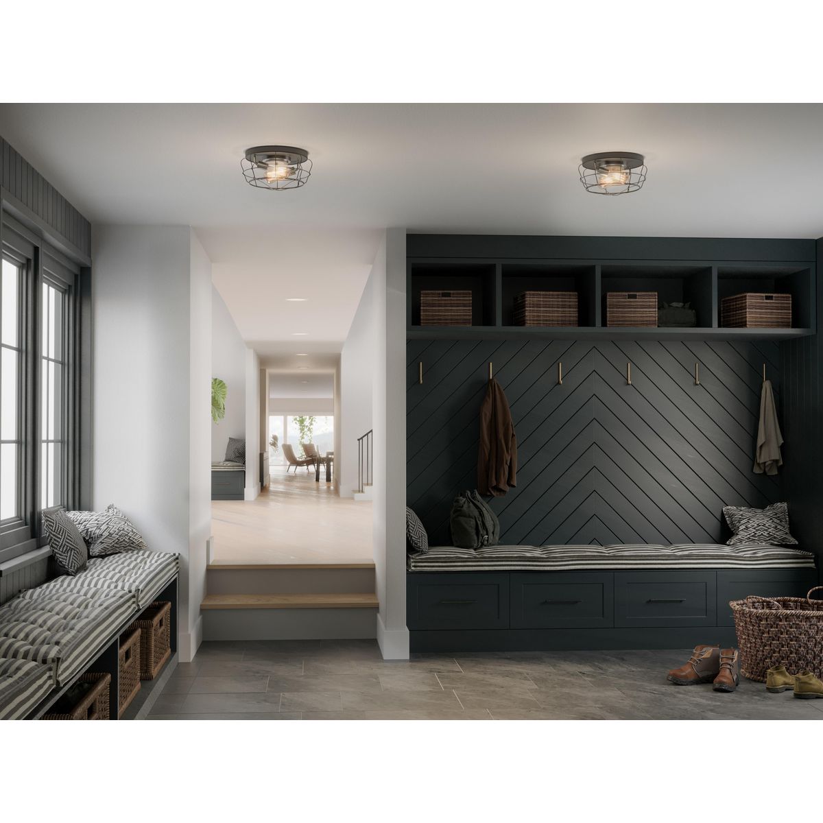 Progress Lighting Gauge graphite flush mount ceiling lights in mud room