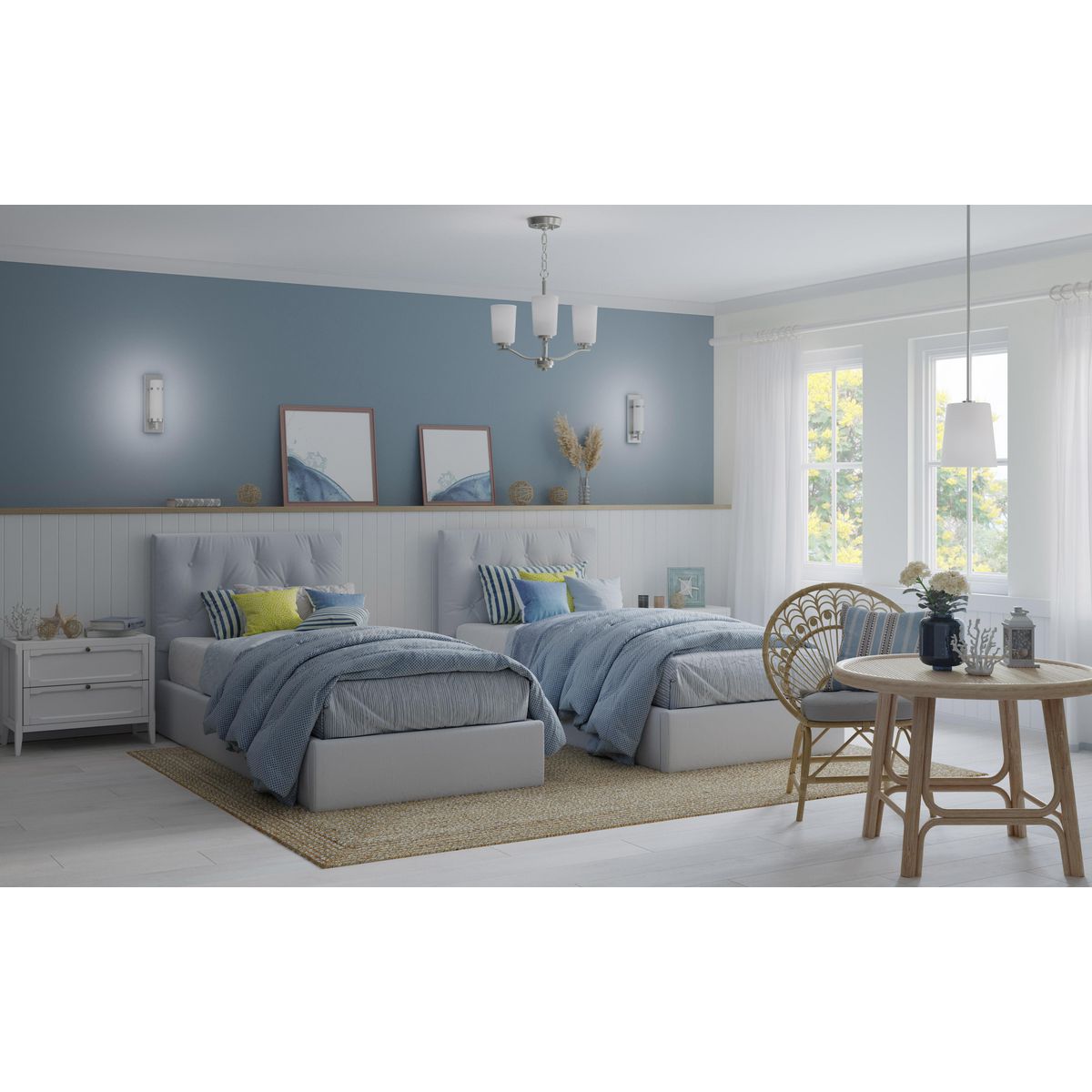 Progress Lighting Hartwick wall sconce in brushed nickel shown in bedroom