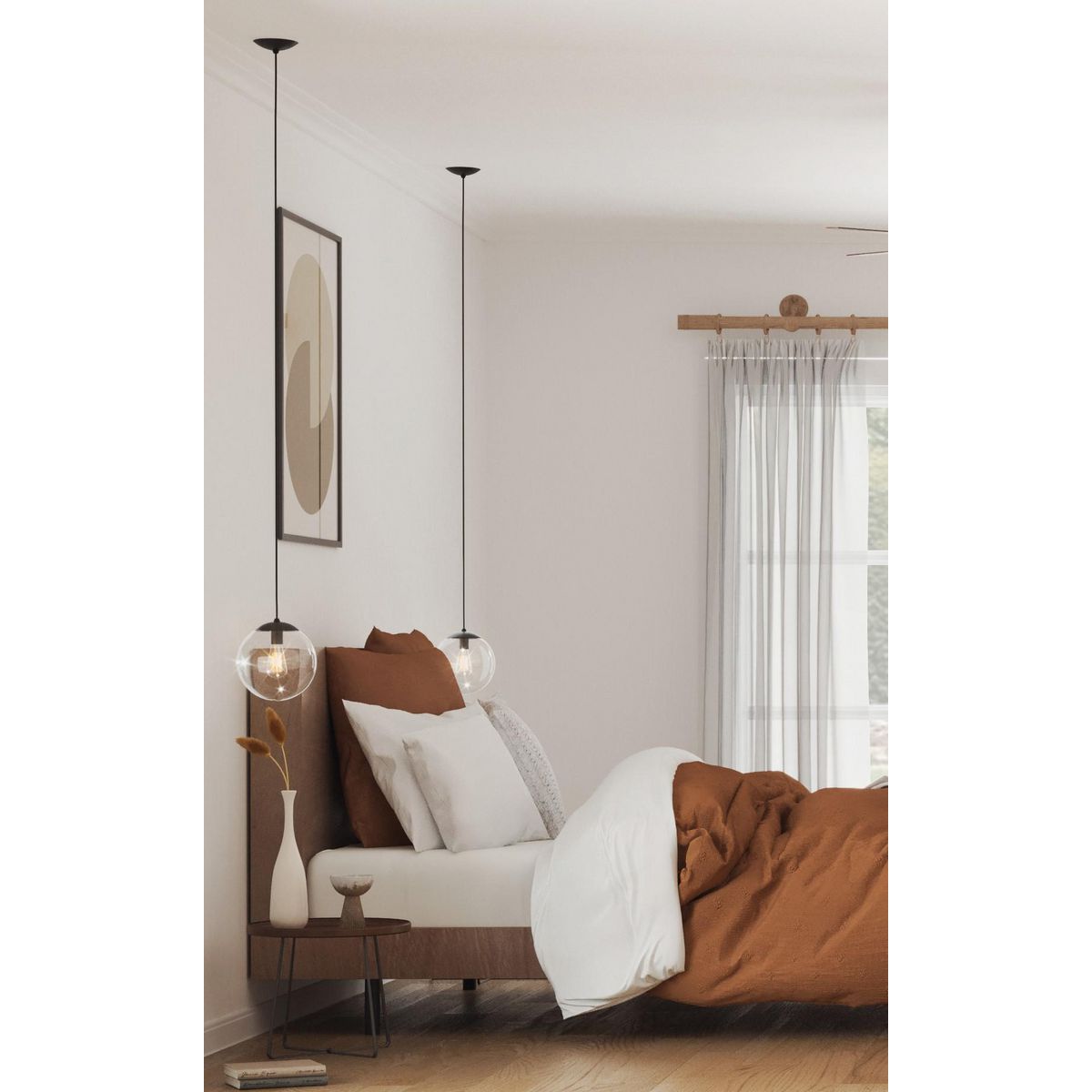 Progress Lighting P500310-031 Atwell Matte Black Globe Pendant Ceiling Light shown in a bedroom lifestyle setting